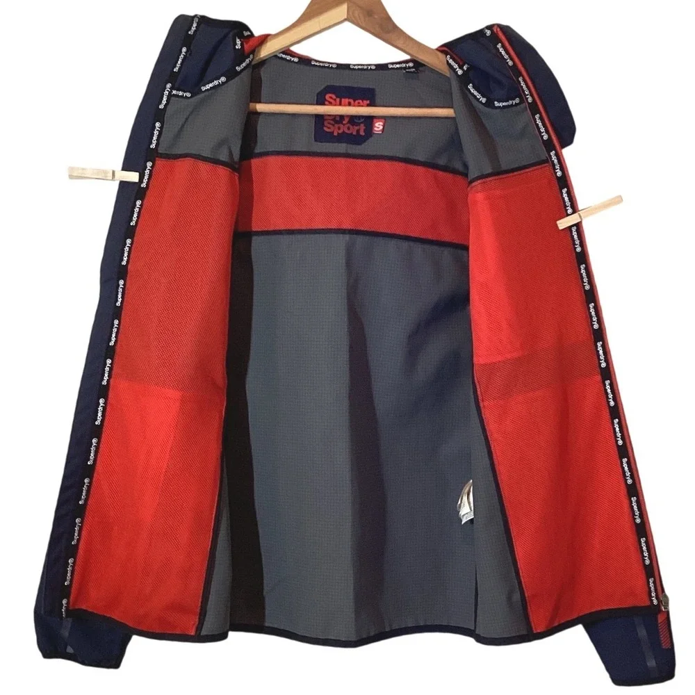 Superdry Sport Tracker Hooded Windcheater Jacket Waterproof Navy Blue Red Small